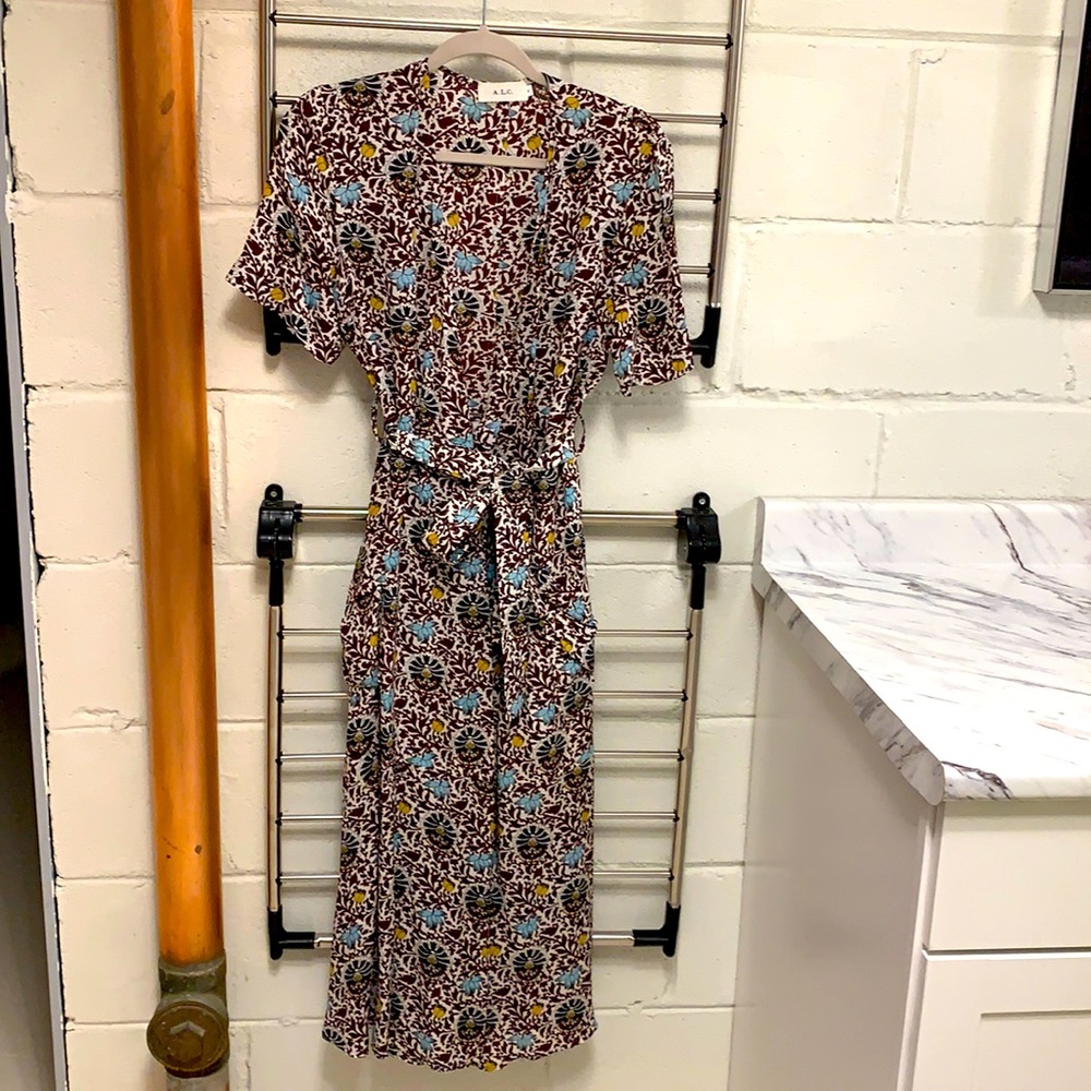 A.L.C. Brown Floral Midi Dress with Blue and Yellow Accents